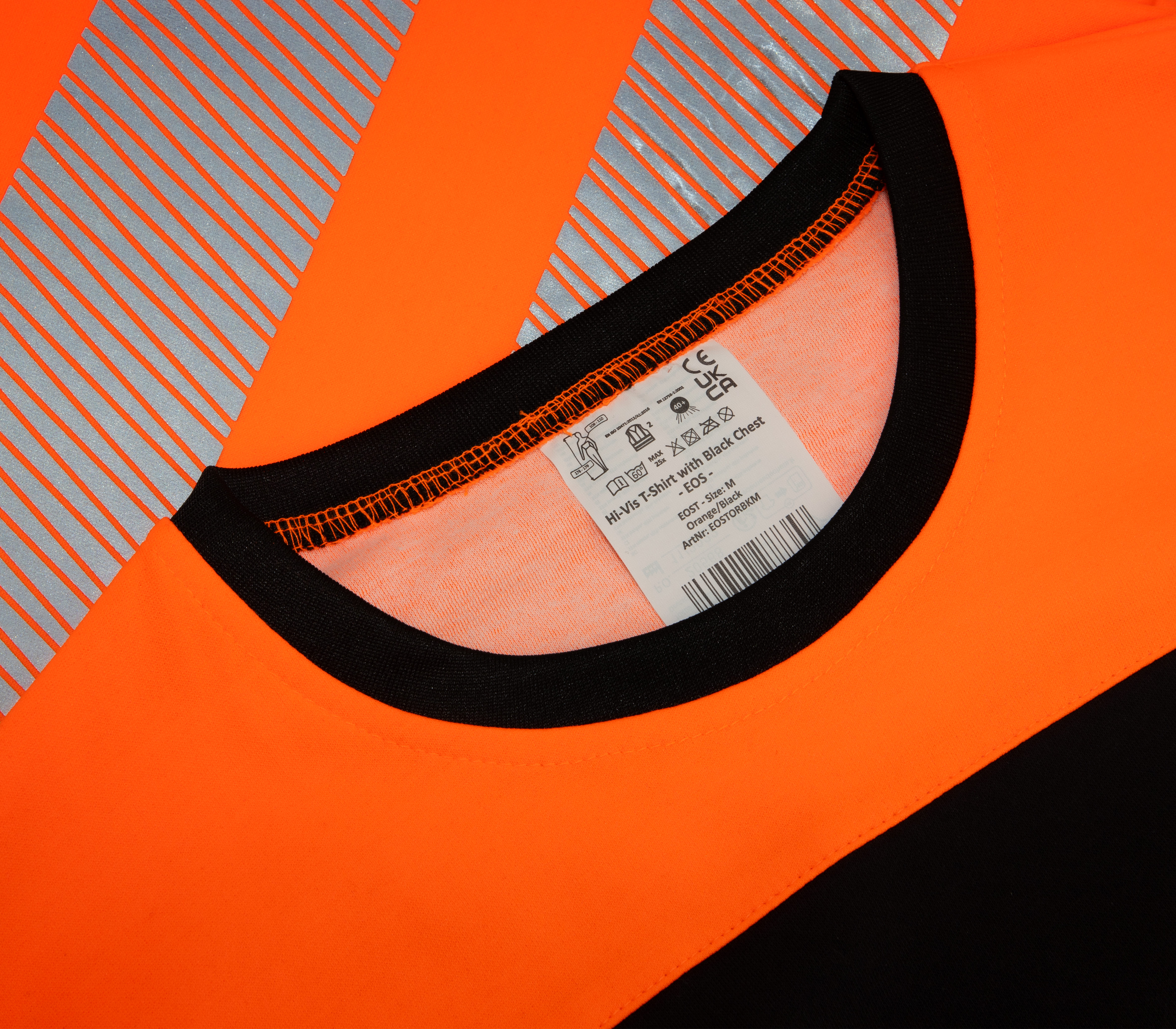 Warnschutz-T-Shirt, Neonorange, Schwarzer Rundhalsausschnitt, Reflexstreifen, Kurzarmshirt