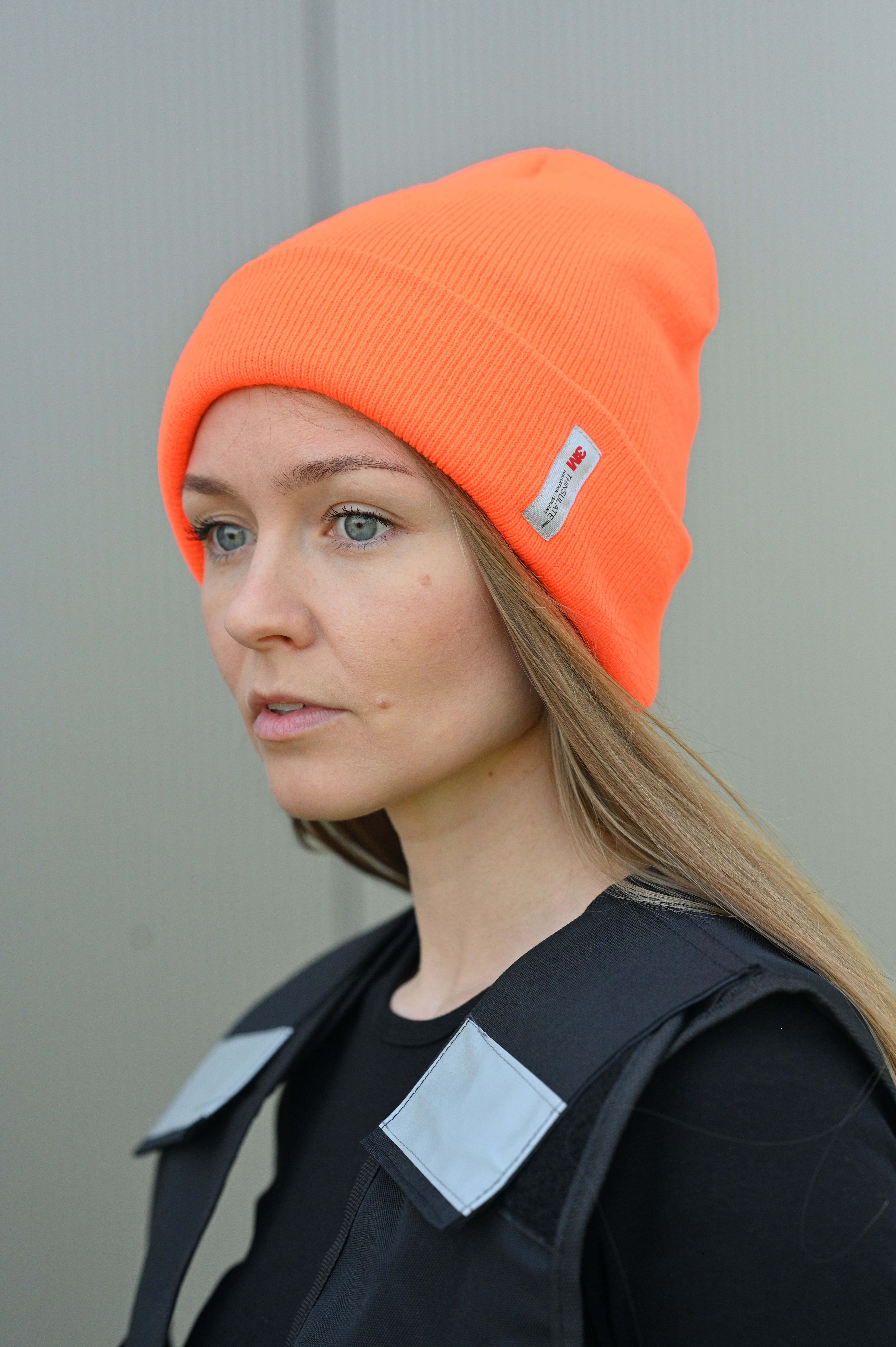 Strickmütze, Neonorange, Umschlagbund, Rippstrick