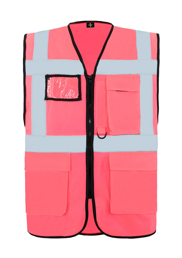 Warnweste, Neonpink, Reflektorstreifen, Reißverschluss, Mehrere Taschen